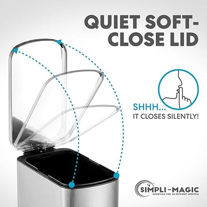 SIMPLI-Magic 6L/1.6G Stainless Steel Bathroom Trash Can with Hands-Free Foot Pedal, Quiet Soft-Close Lid, Compact Space-Saving Size