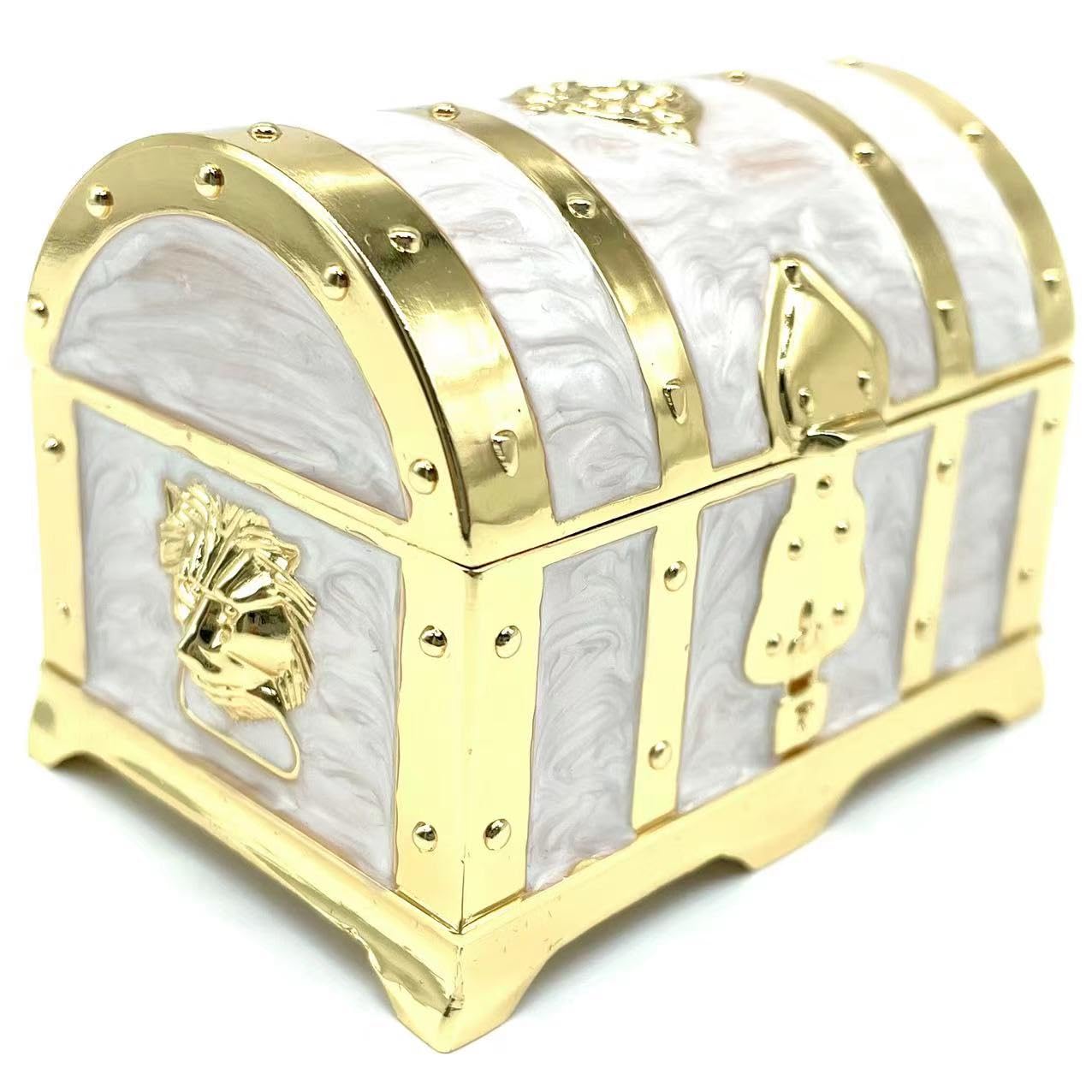Truewon Vintage Metal Jewelry Chest Treasure Trinket Box, Gem Storage Tray Ring Earrings Necklace Keepsake Gift Holder Case Bag for Girls Ladies Women (Small Golden White)