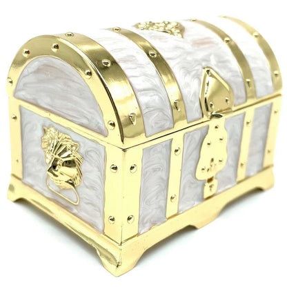 Truewon Vintage Metal Jewelry Chest Treasure Trinket Box, Gem Storage Tray Ring Earrings Necklace Keepsake Gift Holder Case Bag for Girls Ladies Women (Small Golden White)