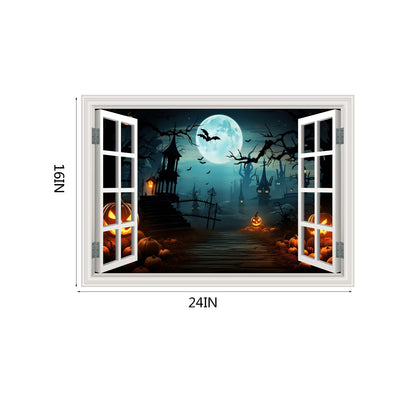 Fake Window Wall Decals Halloween Pumpkin Castle Bat Night View Terror Mural Faux Window Sticker Poster Open Wall Art Picture， for Room Office Decor Stick and Peel Natural Scenery Scene 16“x24”
