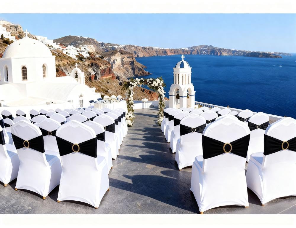 MAGTOWNE Black Chair Sashes 50 Pack with Gold Buckle Slider, Spandex Sashes for Folding Chairs Wedding Party Banquet Décor