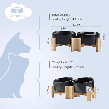 SPUNKYJUNKY 15° Slanted Ceramic Dog and Cat Bowl with Wooden Stand, Tilted Bulldog Food and Water Bowl No Slip Non-Spill for Cats Medium Dogs Big Face Pets 28.7 OZ (3.6 Cups, Black × 2)