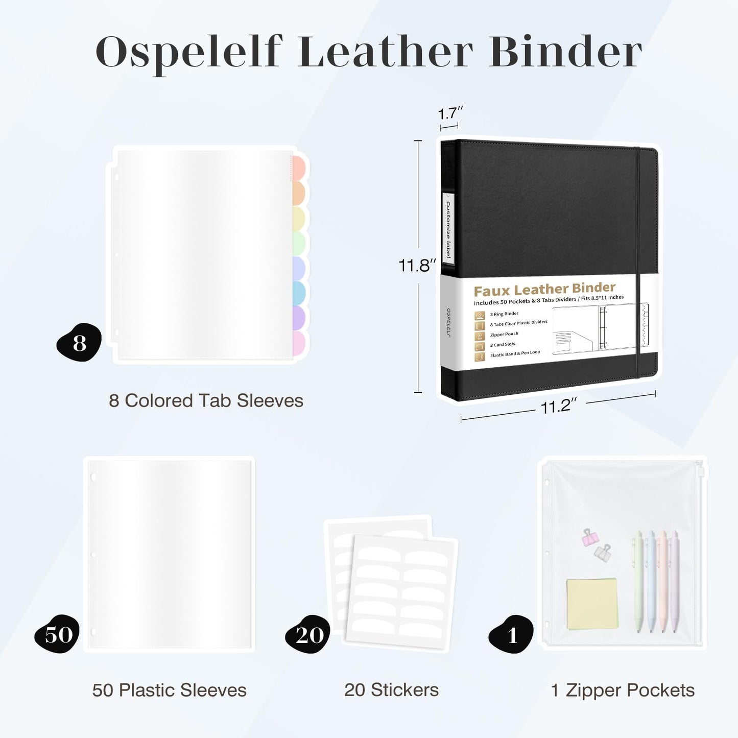 Ospelelf Leather Binder with 58 Plastic Sleeves, 3 Ring Presentation Binder for 8.5x11, Portfolio Organizer with 8 Tabbed Sleeves & Zipper Pocket for Documeents, Artwork, Certificates Black