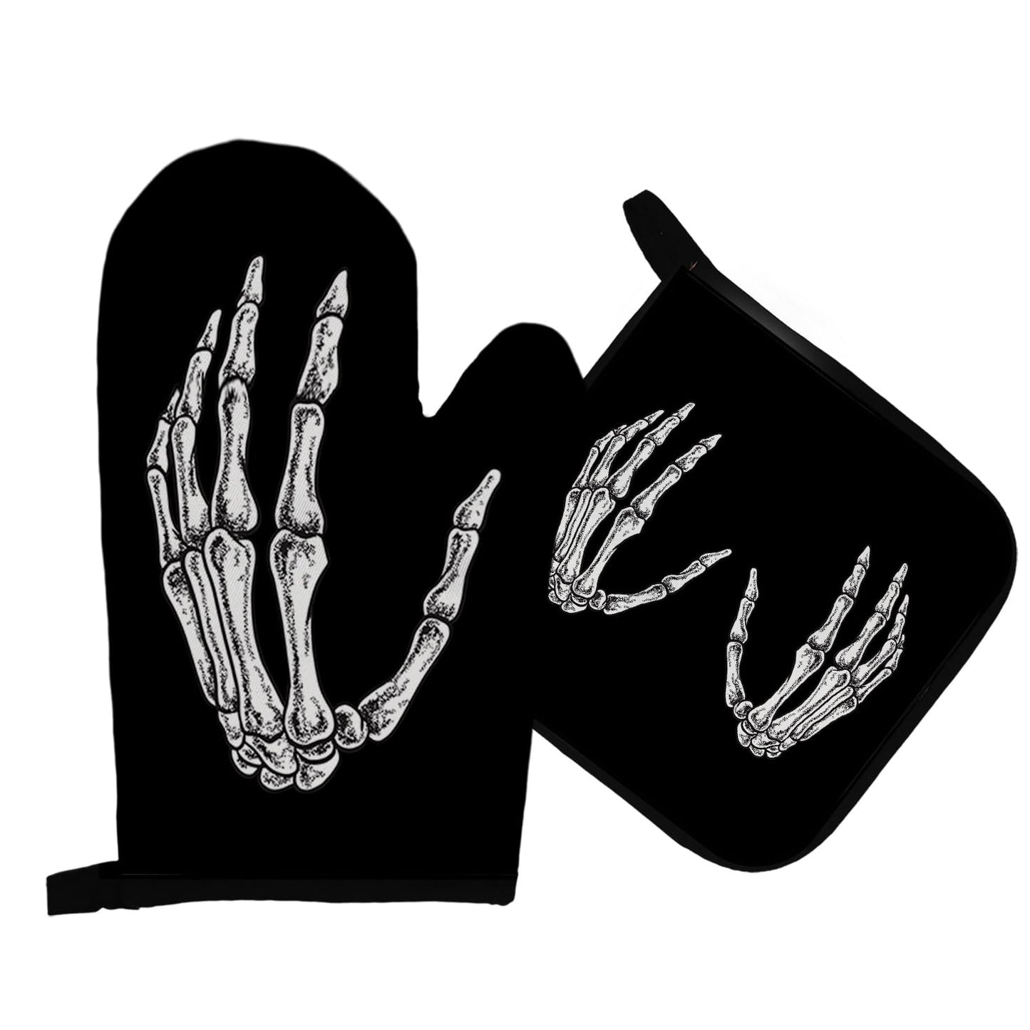 Mingnei Gothic Skeleton Oven Mitts and Pot Holders Sets, Black Goth Heat Resistant Potholder Kitchen Decor for Cooking Baking BBQ Grilling, Gothic Goth Gifts for Women Oven Glove Set