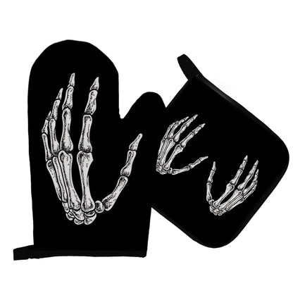 Mingnei Gothic Skeleton Oven Mitts and Pot Holders Sets, Black Goth Heat Resistant Potholder Kitchen Decor for Cooking Baking BBQ Grilling, Gothic Goth Gifts for Women Oven Glove Set