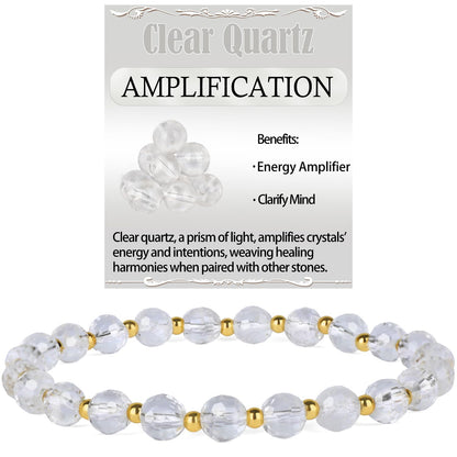 QOGIR Clear Quartz - Amplification - 14K Gold Plated Beads Natural Gemstone Stretch Elastic Dainty Healing Beaded Bracelets Gifts 6mm