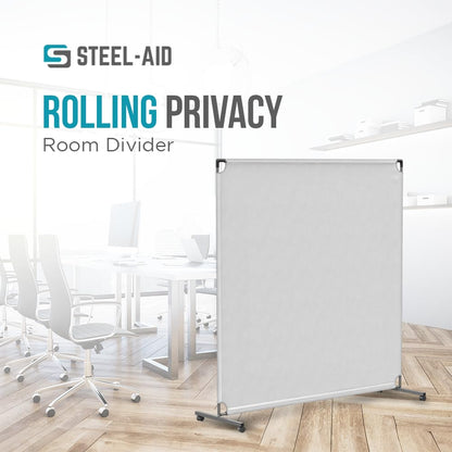 Steel-AID 60-inch Rolling Privacy Room Divider - Freestanding Office Wall Partition with Non See-Through Blackout Screen - Sturdy & Durable Iron Frame - Rolling Wheels - Black, White, Gray & Blue
