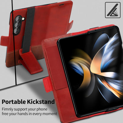 KEZiHOME Case for Samsung Galaxy Z Fold 5, Genuine Leather Wallet Case [RFID Blocking] with Card Holder Stand Shockproof Protective Phone Flip Cover Compatible with Galaxy Z Fold 5(Red/Brown)