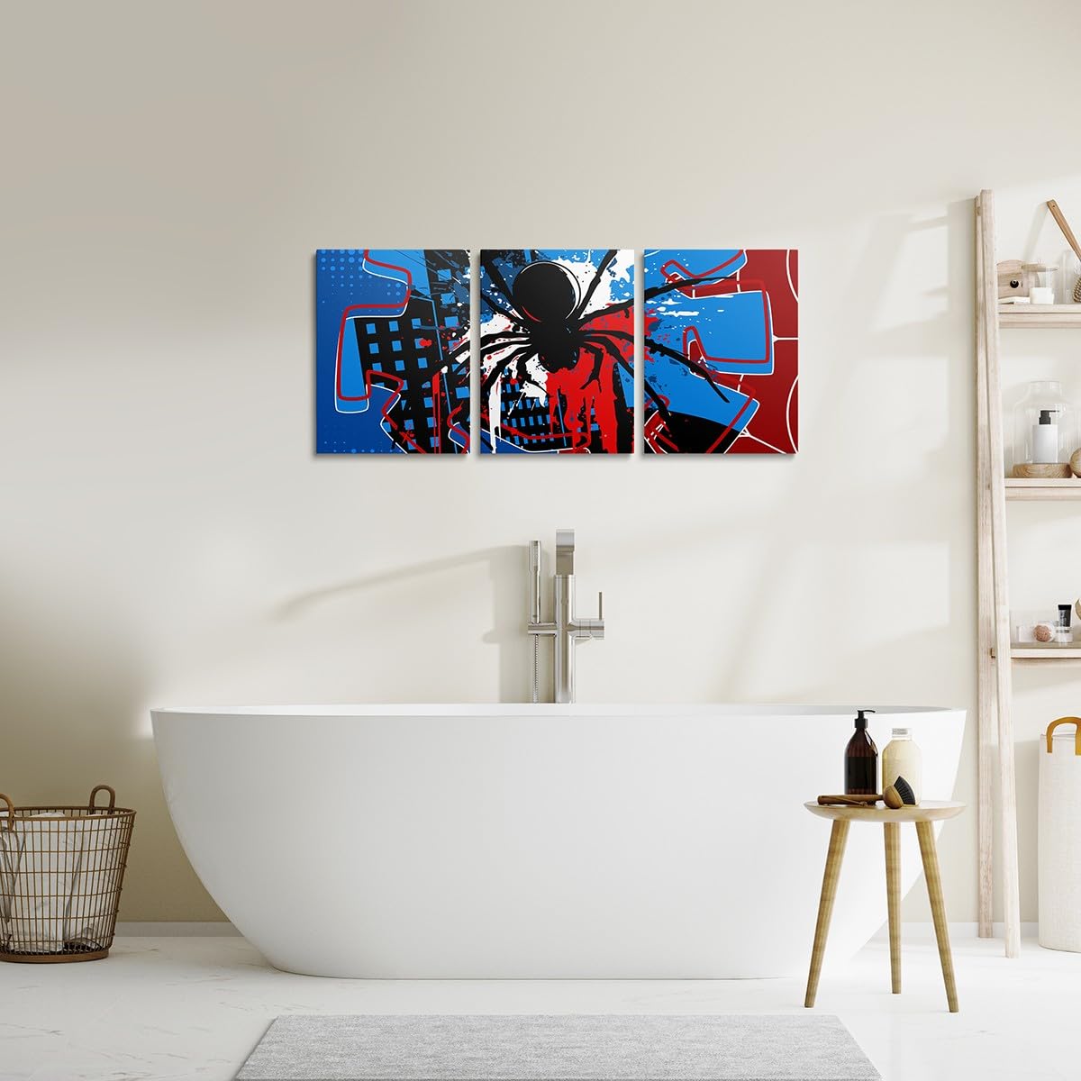 Spider Web Canvas Wall Artwork Decor,Spider Arachnid Insect Animal Wall Painting,Boys Girls Men Room Decor,Modern Block Halloween Poster Pictures,Red Blue Unique 3 Pieces Framed Canvas Wall Art