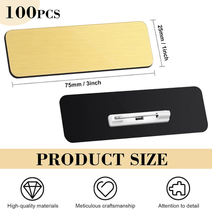 Breling 100 Pieces Name Tags with Pins 1 x 3 Inches Blank Name Tags Reusable ID Badge Holders with Clip for Office Workers Students Employee Custom(Gold)