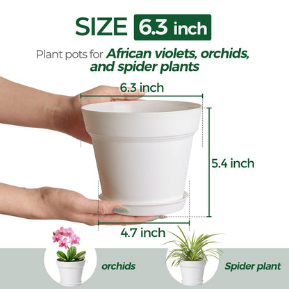 T4U 6 Inch Plant Pot 8-Pack, Plastic Planter with Drainage Hole and Saucer, Decorative Nursery Pots Bulk for African Violet, Snake Plant, Succulent, Herb and Plants Indoor (8 Pcs 6" Pots, White)