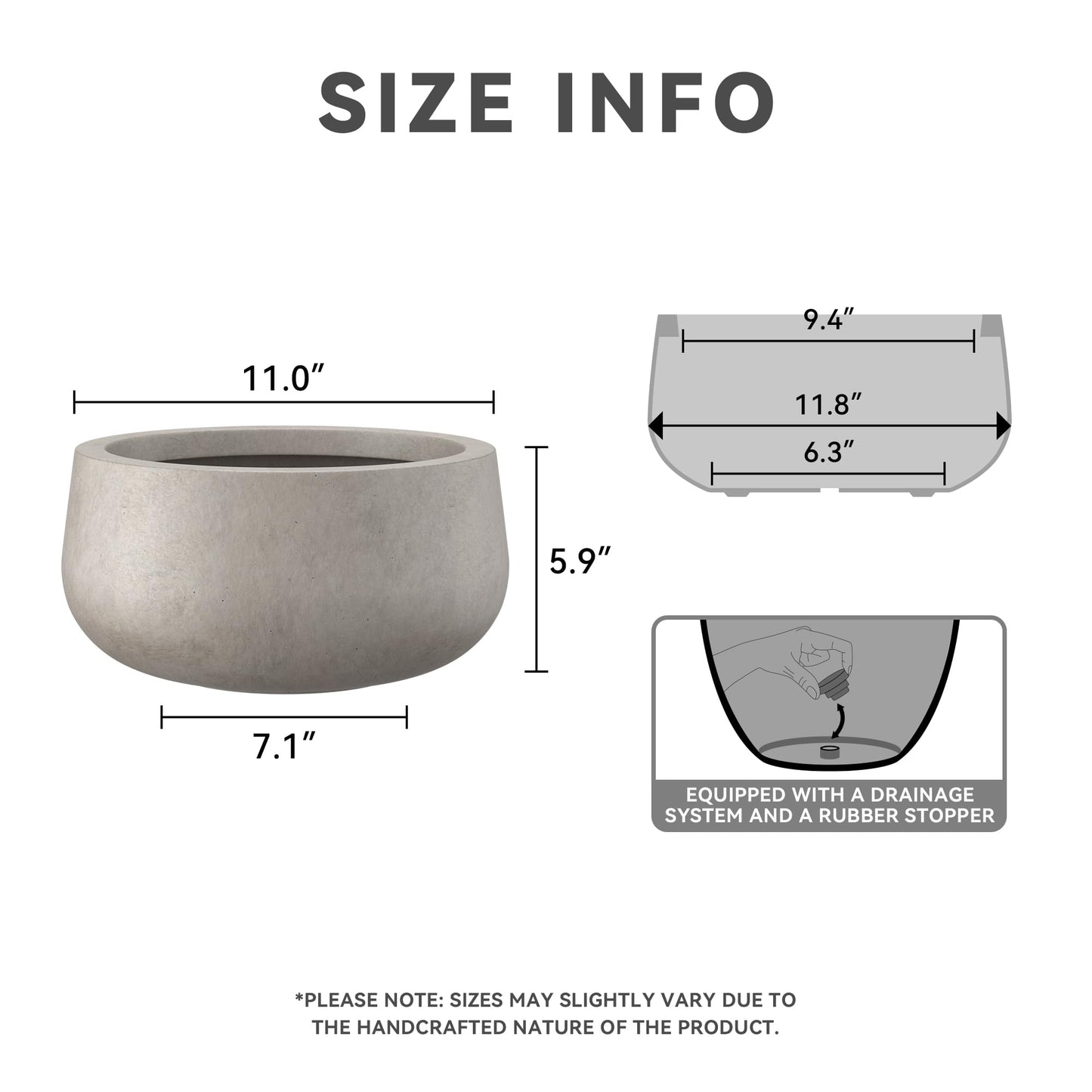 Kante 11.8" Dia Round Concrete Planter, Cement Plant Pots with Drainage Hole and Rubber Plug for Outdoor Indoor Garden Home, Modern Curvaceous Design, Weathered Concrete