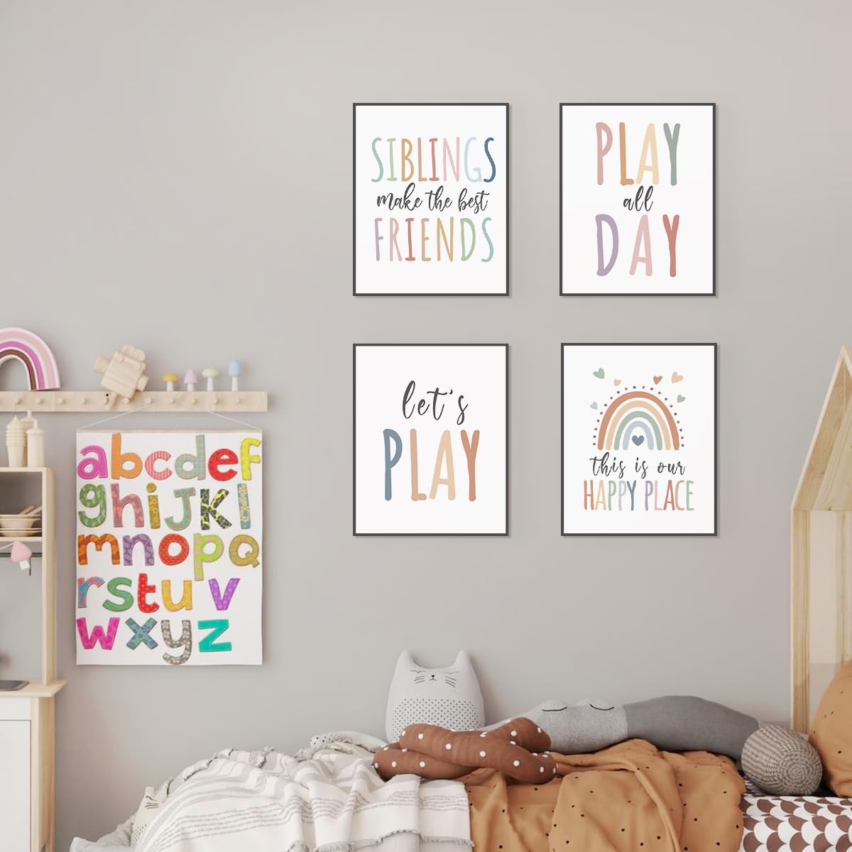 PLKMN Boho Playroom Decor Set of 4, Let's Play Wall Art, Rainbow Prints for Kids Room, Nursery, Bedroom, 8x10 Inch, Unframed