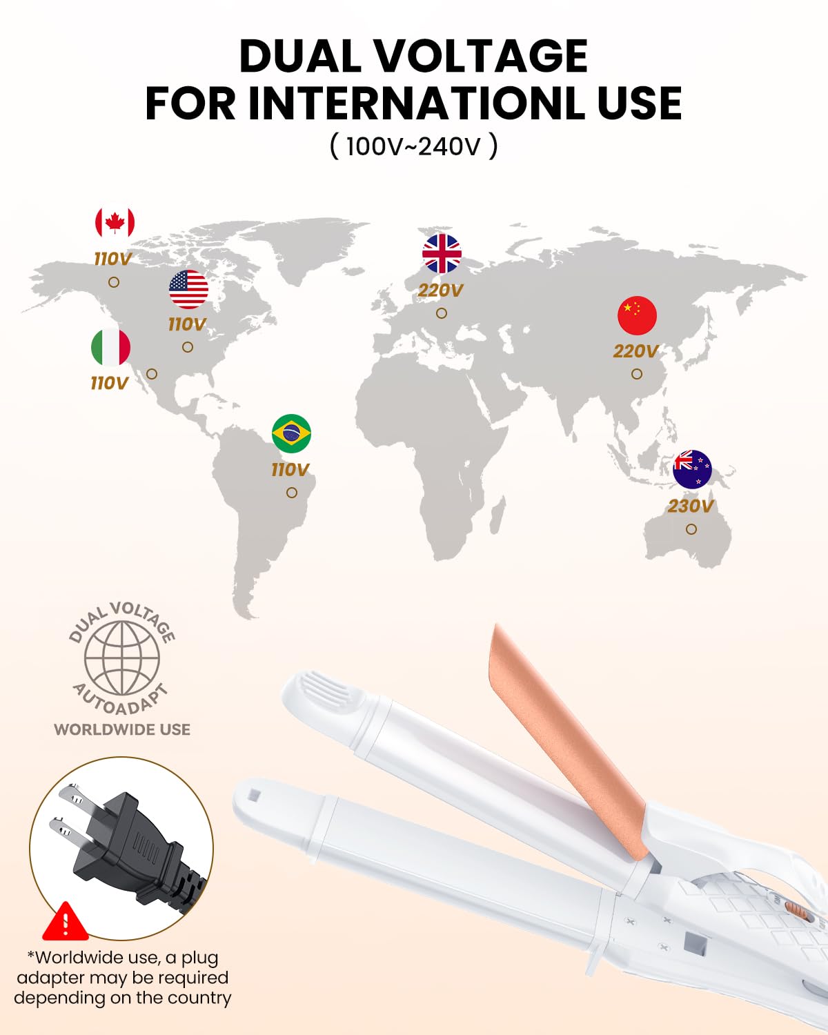 Dual Voltage Curling Iron 2-in-1 Curling Iron 1 Inch,(100V~240V) Dual Voltage Hair Straightener Travel CurlingIron European Flat Iron(Black)