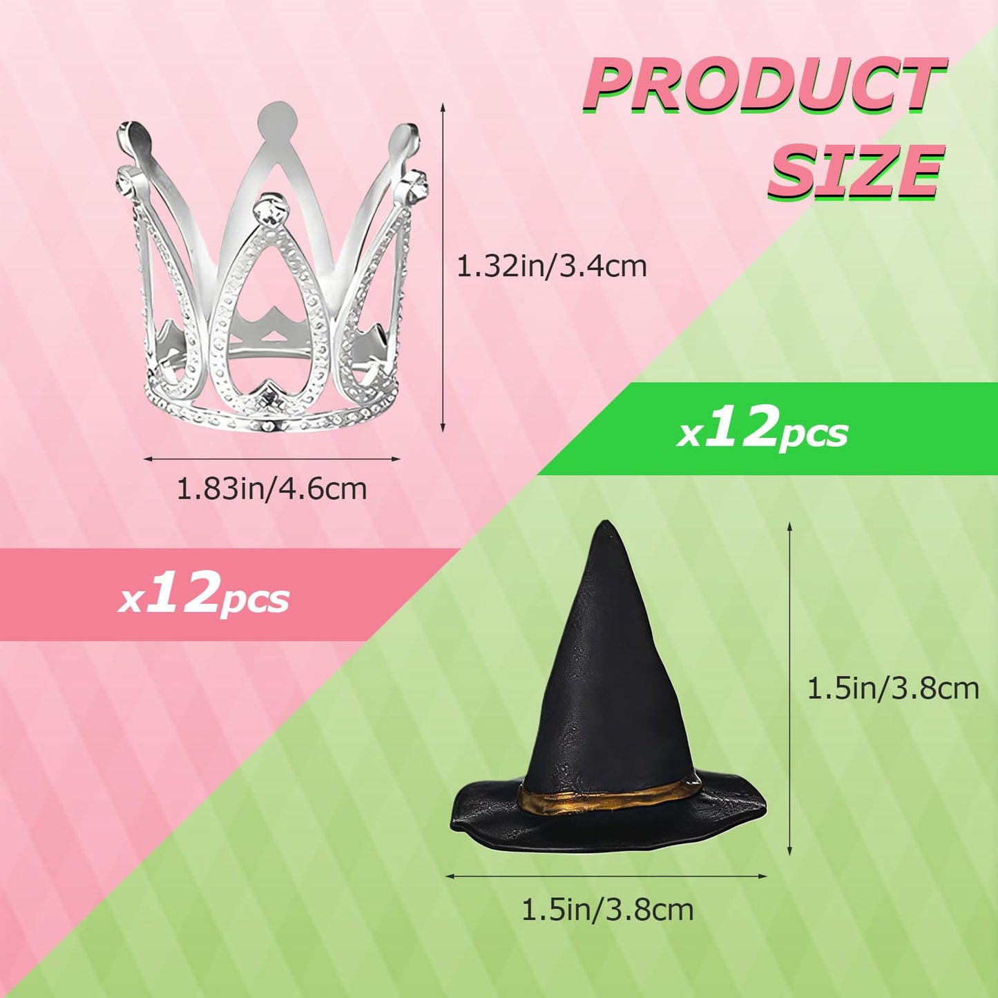 shuielai 24 Pcs Witch Hat & Crown Cake Topper, Mini Wizard Hats Silver Crown Cupcake Toppers, Wicked Witch Birthday Party Decorations & Princess Cake Accessories for Party Supplies & DIY Crafts