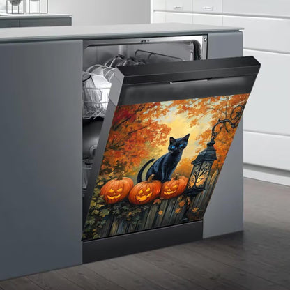 Halloween Black Cat Dishwasher Magnet Cover, Fall Garden Pumpkin Lantern Dish Washer Ccovers for The Front Magnetic Panel Decal, Refrigerator Magnets for Kitchen Decorative Sticker, 23"x26"