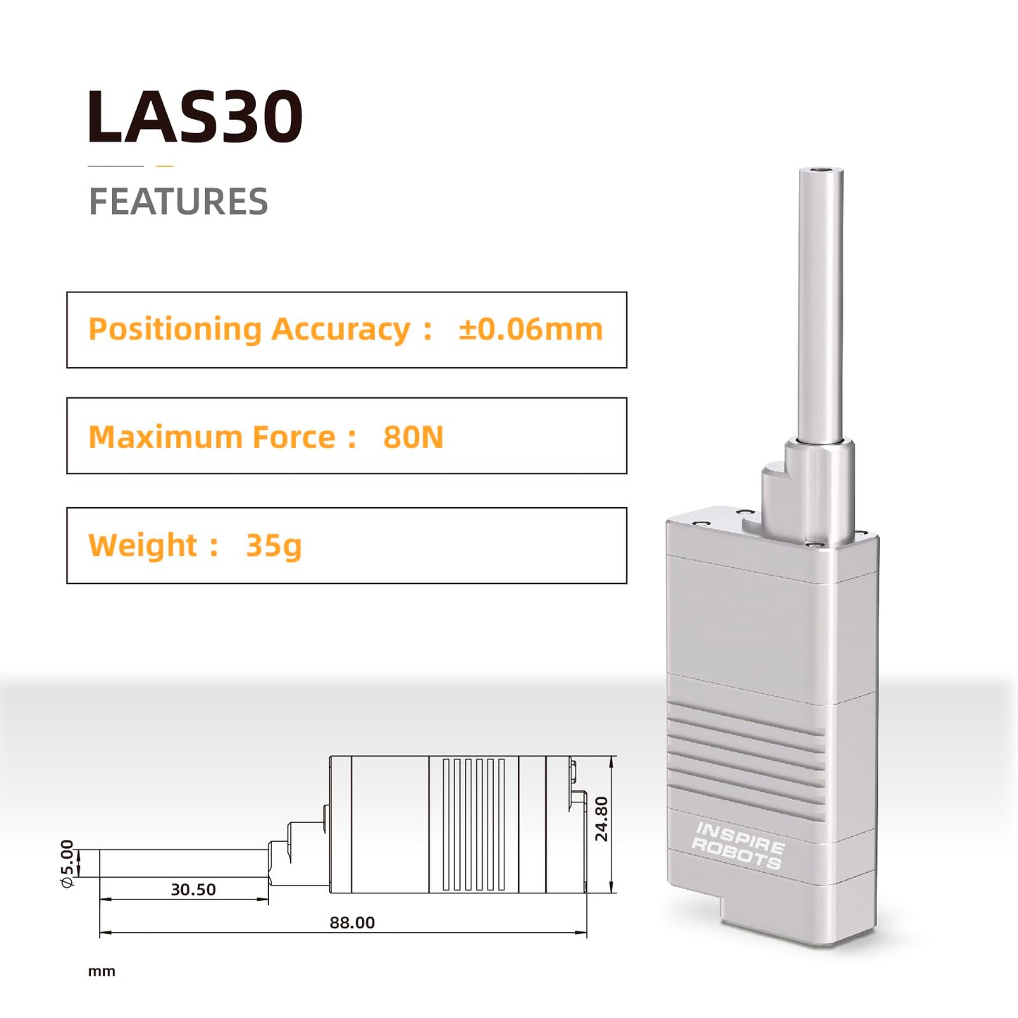 INSPIRE ROBOTS LAS High Precision Micro Linear Servo Actuator,Stroke 30mm,Force 17.8lbs(80N), Drive&Control Integrated| for Robotics,Industrial Automation,Biomedical Instrument,Education|LAS30-021D