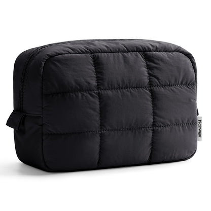 Narwey Puffer Makeup Bag for Women Girl, Quilted Travel Cosmetic Bag Puffy Make Up Bag Organizer, Cute Travel Toiletry Bag for Toiletries (Black)