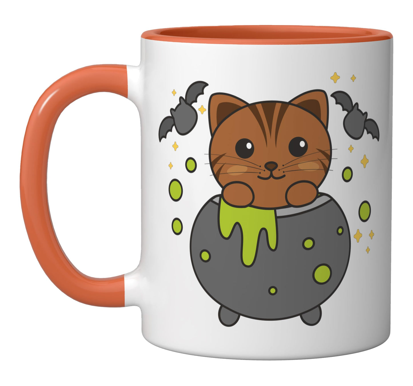 Cat Halloween Cauldron Bat Happy Halloween Ceramic Mug, Orange/White