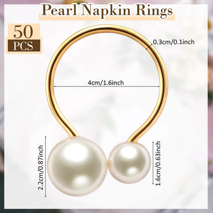Sliner 50 Pcs Gold Pearl Napkin Rings Set, Faux Pearl Napkin Ring Holders, Delicate Metal Serviette Buckle Bulk for Wedding, Dinner Banquet, Holiday Gather Part, Party Table Decor(Simple Style)