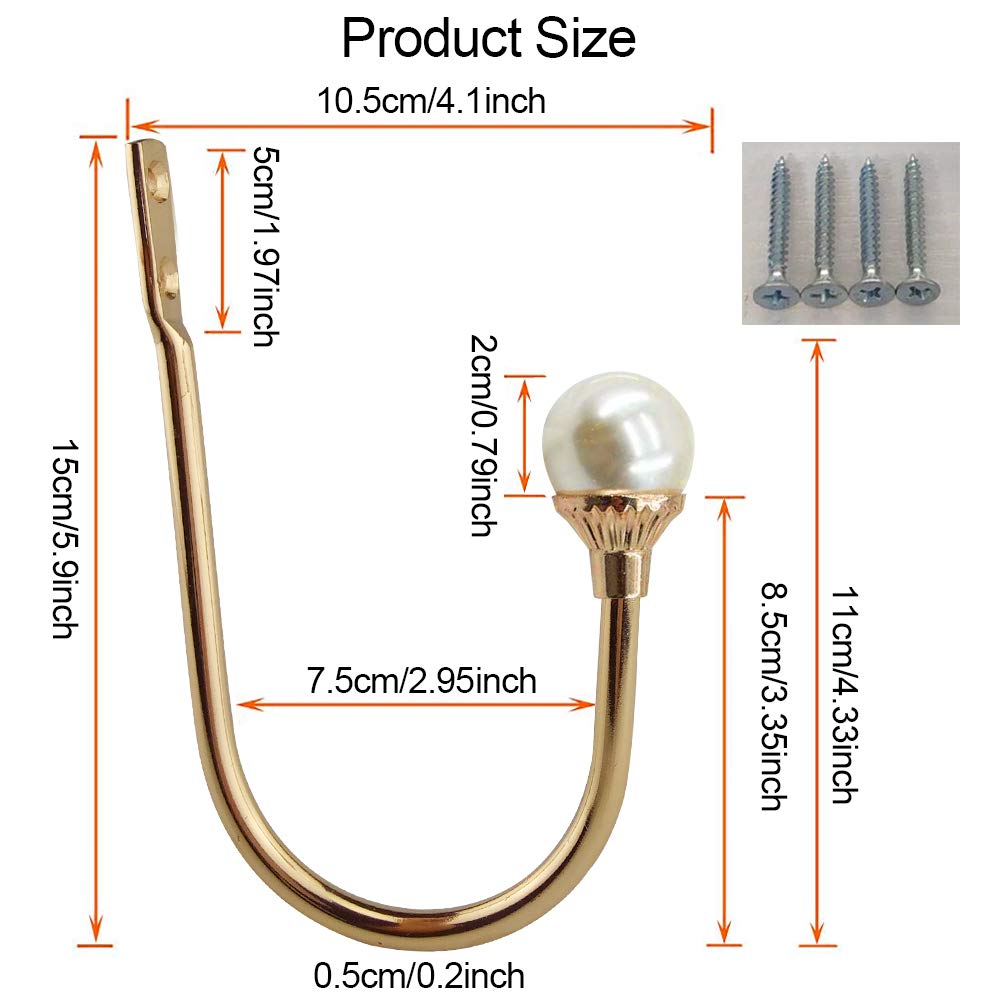 COCIVIVRE 2 Pack Curtain Holdbacks Wall Mounted Curtain Tiebacks Hooks Plastic Pearl U Shape Curtain Tiebacks with Screws Curtain Ties for Home Office-Gold