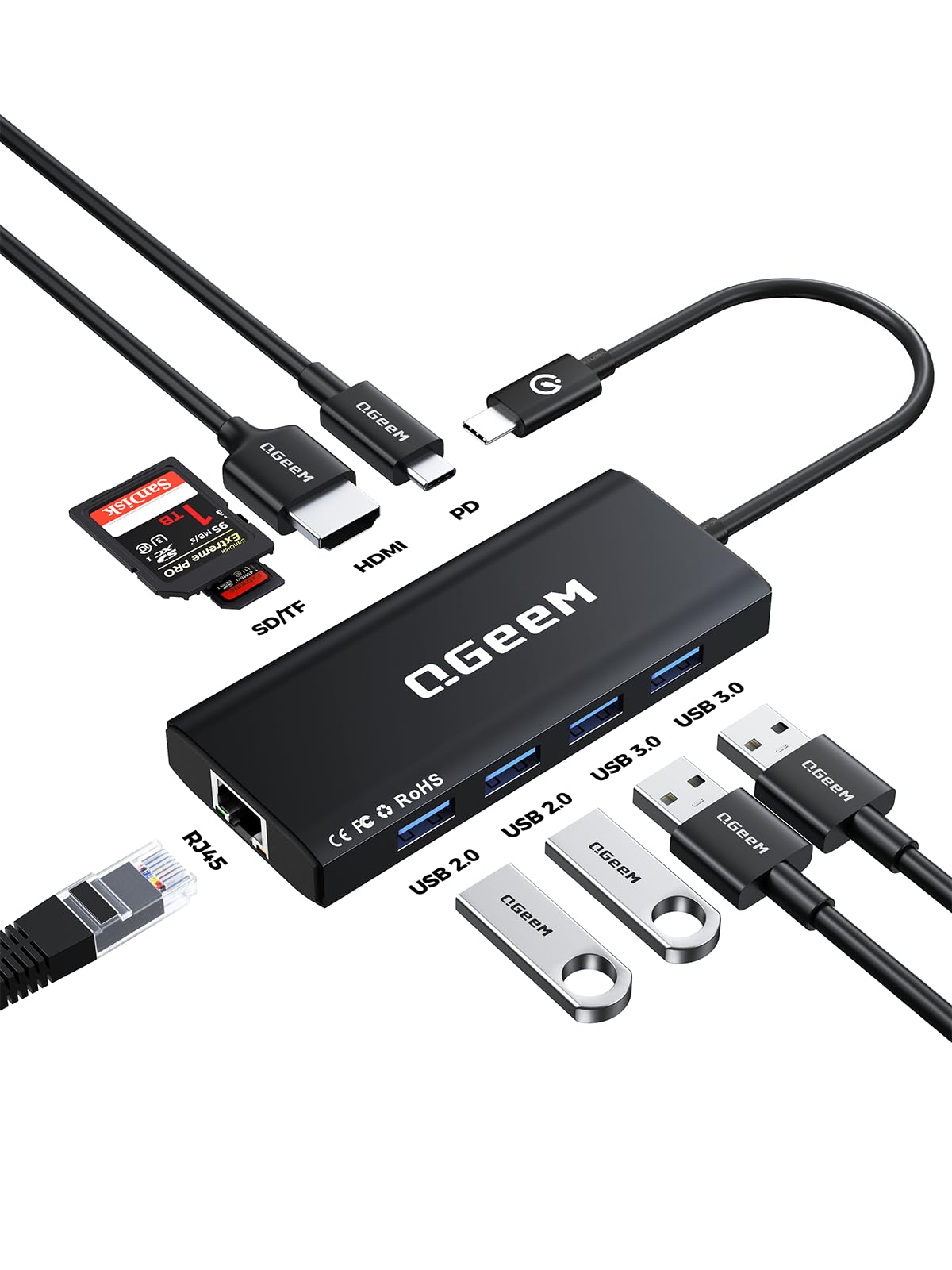 QGeeM USB C Hub Ethernet,9 in 1 USB Type C Hub HDMI Multi-Port Converter Adapter,100W Pd, USB 3.0,SD/TF Card Reader,Compatible for MacBook Pro Air Ipad HP Dell Lenovo Chromebook etc.
