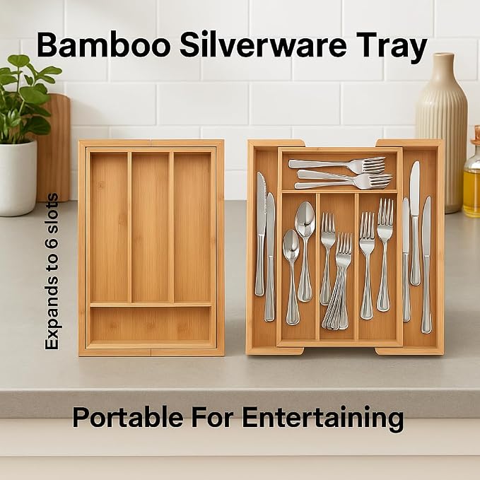 HIC Kitchen Expandable 6-Slot Silverware Cutlery Utensil Storage Tray, Natural Bamboo, Opens to 14-Inches