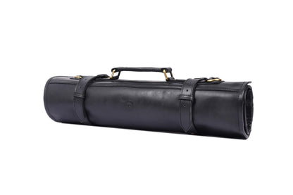 Leather Knife Roll Storage Bag, Elastic and Expandable 10 Pockets, Adjustable/Detachable Shoulder Strap, Travel-Friendly Chef Knife Case (Pitch Black, Leather)