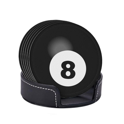 BOXIMIAO Drink Coasters with Holder Stand Set of 6, Billiard Ball Black 8 Pu Leather Absorbent Coasters with Cork Base Table Coaster Round Coasters for Housewarming Apartment Kitchen Bar Decor