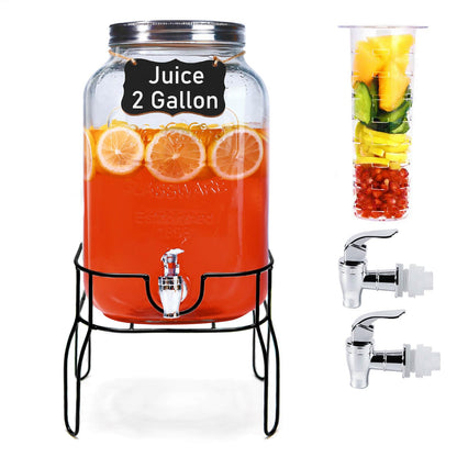 2 Gallon Glass Drink Dispensers for Parties, Sun Tea Glass Jar for Outside Beverage Dispenser with Stand+Lid 2 Press-Spigots(Easy for kids) Fruit Infuser, Beverage Dispensers-Mason Jar