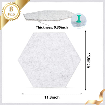 8 Packs Hexagon Felt Pin Board, 12" Bulletin Board with 30 Push Pins, Felt Board for Home Kitchen Office Decor, Self-Adhesive Corkboard Tiles for Walls School Message Photos Memos-Gray