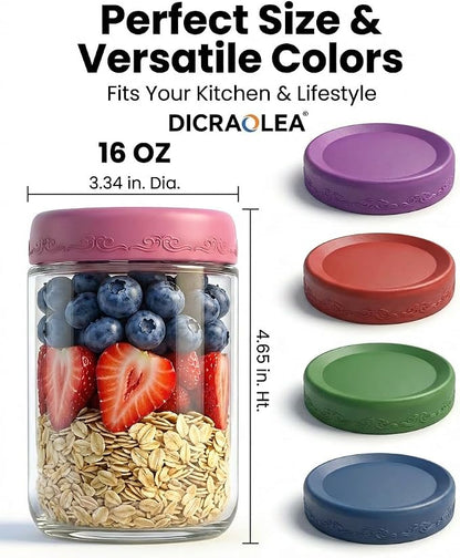 16oz 4Pack Glass Overnight Oats Jars Containers with Airtight Leakproof Lids, Reusable Mason Jars for Meal Prep, Yogurt Parfaits, Smoothies, Salads & Healthy Breakfasts (16 OZ-4-1)