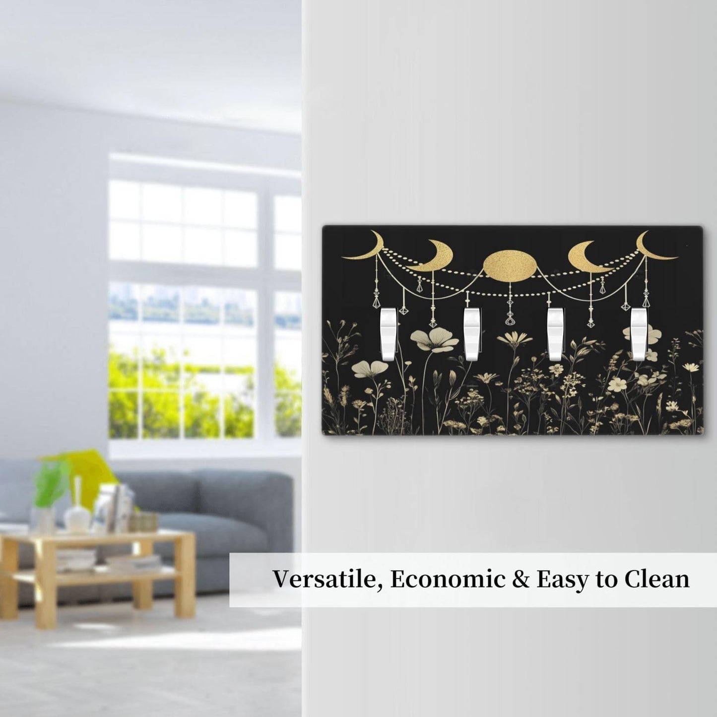 Wildflower Moon Phase Black Gold Dark Floral Rustic Light Switch Covers Quad Toggle Electrical Faceplate 4 Gang Wall Plate Decorative Switch Plates Cover for Bedroom Living Room Decor