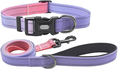 Dog Collar Leash Set, Gradient Color, with Safety Reflective Strips, 5 ft Matching Leash, Neoprene Padded Handle, Adjustable 4 Sizes for Small Medium Large Dogs.(S, Lilac Pink)