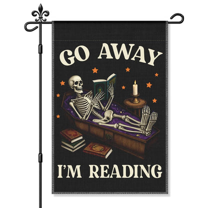 Xipromi Go Away I'm Reading Garden Flag, Funny Skeleton Spooky Halloween Flags for Outside, Porch Outdoor Fall Yard Decor for Book Lovers, Reading Gifts Librarian Gifts for Friend