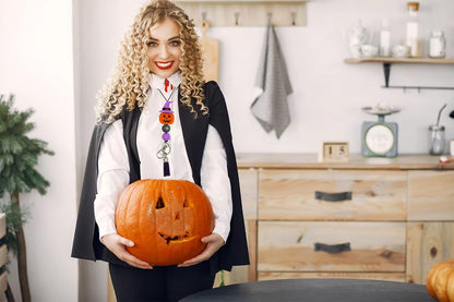 Halloween Teacher Lanyard Fall Pumpkin Ghost Badge Holder with Tassel Cute Silicone Beads Breakaway ID Lanyard for Women