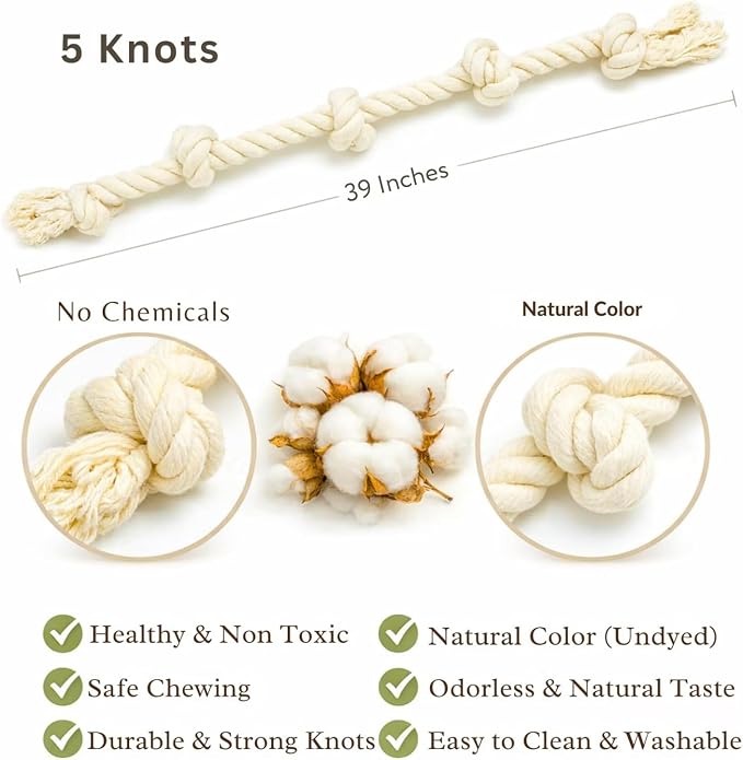 Dog Rope Toys for Large/Medium Aggressive Chewers, Tough Cotton Chew Toy, 39 Inch 5 Knots Indestructible, Tug of War Dog Pull Rope Teeth Cleaning (5 Knots)