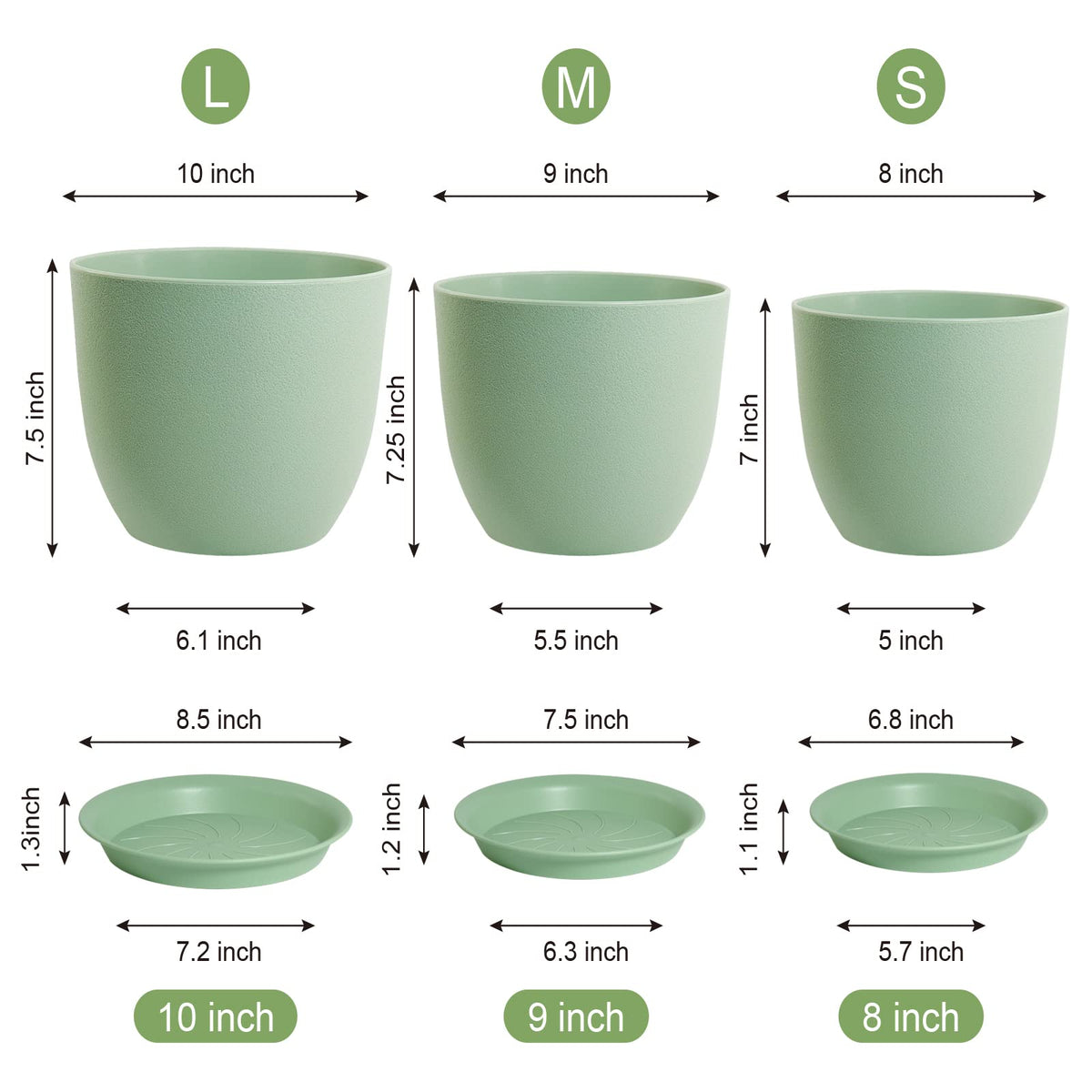 WOUSIWER Plant Pots 10/9/8 inch, Set of 3 Modern Decorative Plastic Planters with Drainage Holes and Saucers for House Plants Indoor Flowers Plants, Green
