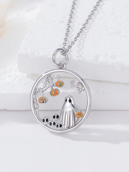Dorunmo Ghost Pumpkin Necklace 925 Sterling Silver Ghost Pendant Necklace Halloween Ghost Jewelry Gifts for Women