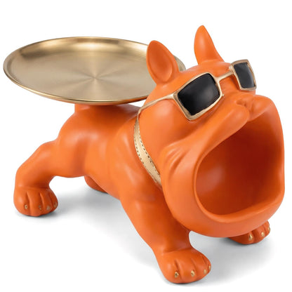 QDDTRAHCCLJZ French Bulldog Tray Sculpture – Multifunctional key tray and candy bowl, resin bulldog statue, suitable for entryway tables, office desks, living room use, home decor gift. (orange)