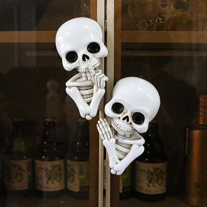 JARPSIRY Set of 2 Funny Keep Quiet Skeleton Statue Window Peeker Door Corner Decor, Horror Resin Skull Figurines Gothic Wall Sculpture Spooky Home Halloween Decorations