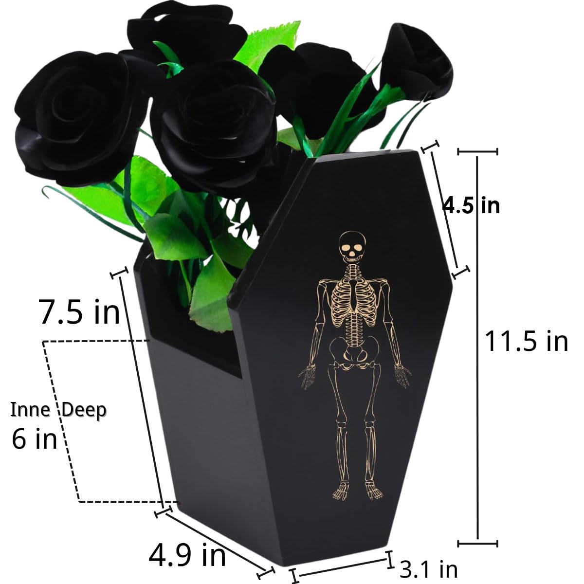 TOSOENPHY Halloween Gothic Kitchen Decor - Goth Coffin Utensil Holder (Utensils Not Included), Dual-Sided Laser-Etched Skeleton, Solid Wood Large Capacity for Spooky Bats Spoons Skull Spatulas