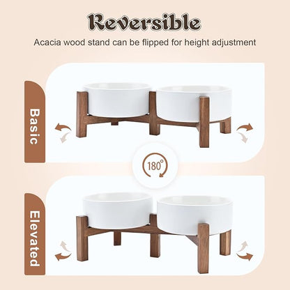 SPUNKYJUNKY Acacia Wood Stand Dog Bowl Set Raised, Ceramic Dog Food & Water Bowl for Medium Dogs (28.74 OZ, White)