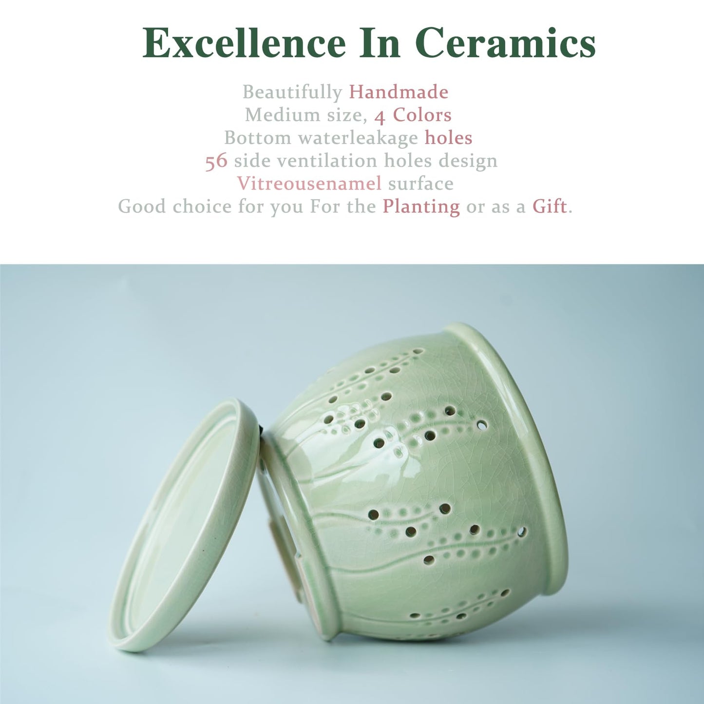 Ceramic Orchid Pot 6.3 Inch, Orchid Pots with Holes, Large Plant Pot for Repotting, Ventilation Holes Breathable for Roots, Durable Ice-Cracked Glaze Ceramic Planter Pot (Grass Green)