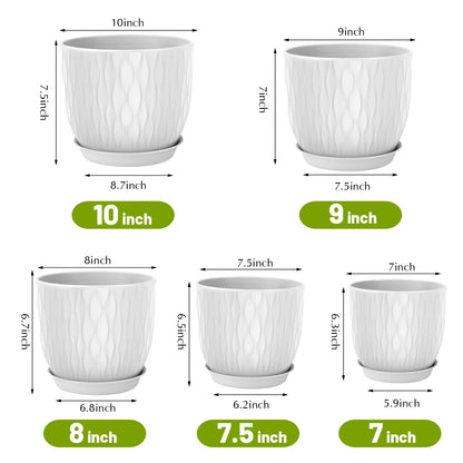 LESOASIS Plastic Plant Pots 10/9/8/7.5/7 inch Set of 5, Flower Planters with Drainage Holes and Saucers, Plastic Pots for Indoor Outdoor Plants, Livingroom Garden Decor (White)