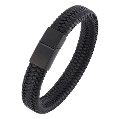 Silverso Men's Leather Bracelet, Stackable Stainless Steel Clasp Bracelets for Men Stylish Birthday, Thanksgiving, Valentine's Day Gift for My Man (7.8" Pure Black)