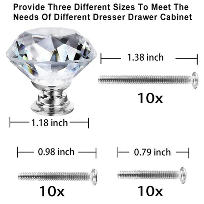 NORTHERN BROTHERS 10 Pack 30mm Crystal Cabinet Knobs, Diamond Glass Drawer Knobs with 3 Screw Sizes, for Dresser, Kitchen & Bathroom, Silver
