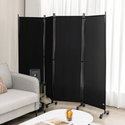 LDAILY 4 Panels Folding Room Divider, 6FT Tall Fabric Privacy Screen w/Metal Frame, Freestanding Partition Wall Divider w/Rolling Wheels for Bedroom, Dining Room, Office, Hospital (Black, 4-Panel)