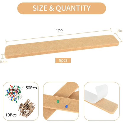 Vuzvuv 8 pcs Bulletin Board Bar Strips with 50 Pushpins & 10 Wooden Clip pins，Self Adhesive Cork Board for Wall，Felt Pin Board for School，Office Decor(Camel-Brown)
