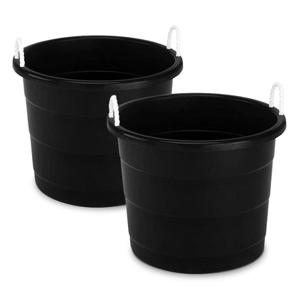HOMZ 2-Pack Utility Tub, Large Plastic Storage Bucket with Rope Handles, 17 Gallon, Black - Portable Indoor and Outdoor Buckets for Kitchen, Laundry, Garden, Bathroom, and Garage Organization